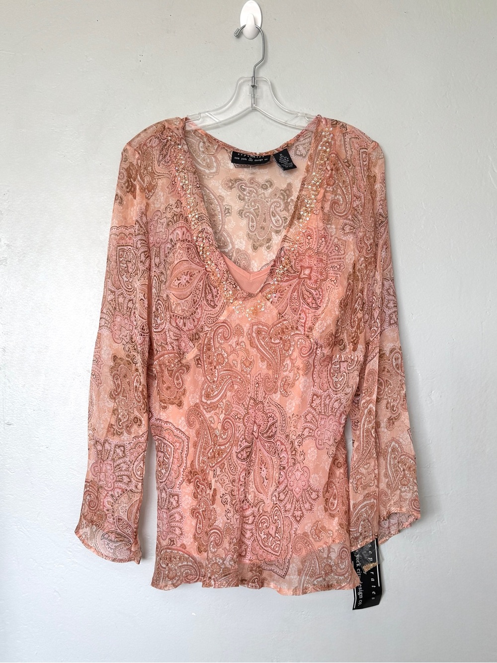 Separates By New York City Design Silk Paisley V-Neck Blouse in Coral Size XL